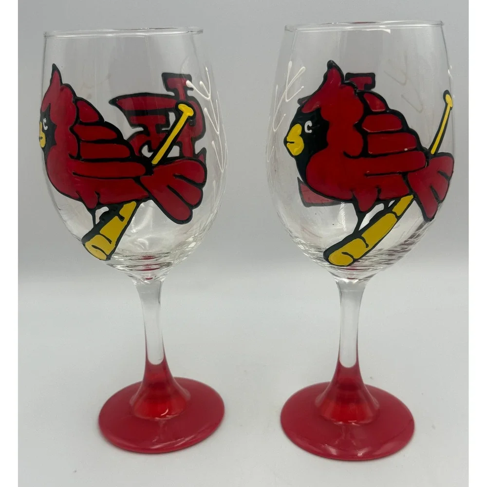 St. Louis Cardinals‎ Wine Glasses Set of 2 Hand Painted MLB Baseball Red Stem